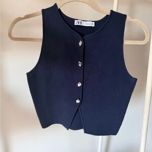 Zara Navy Button-Front Ribbed Tank Top